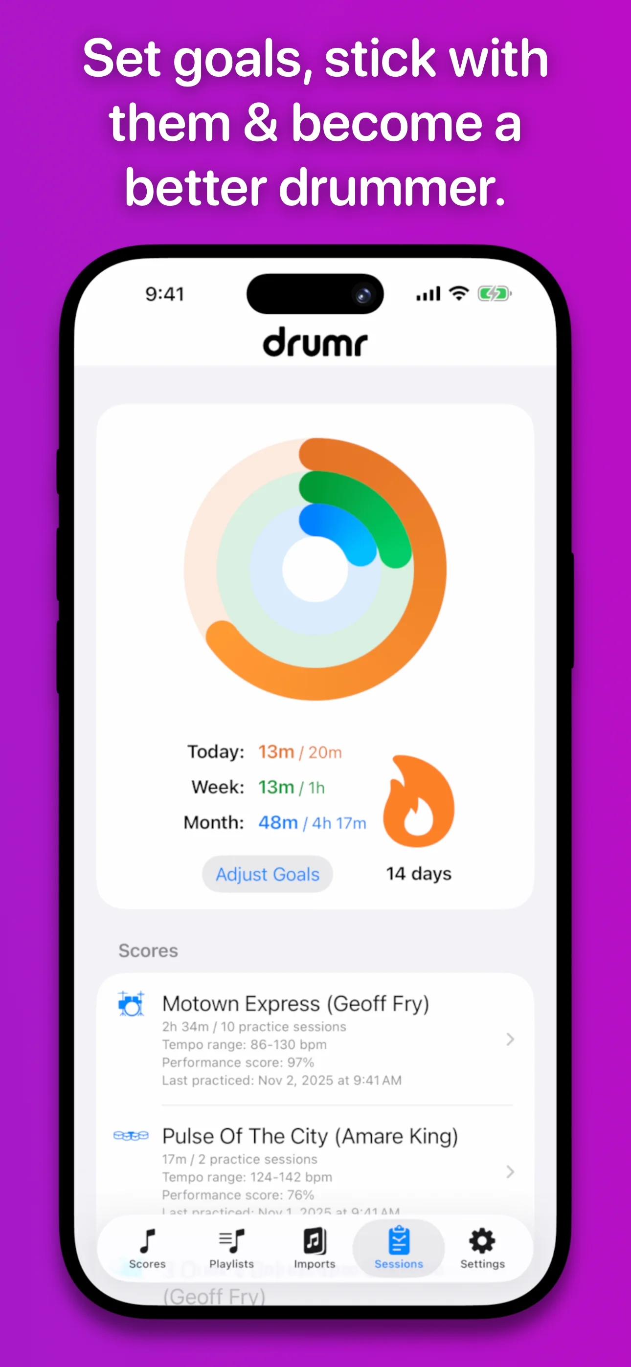 Drumr on iPhone - Session history
